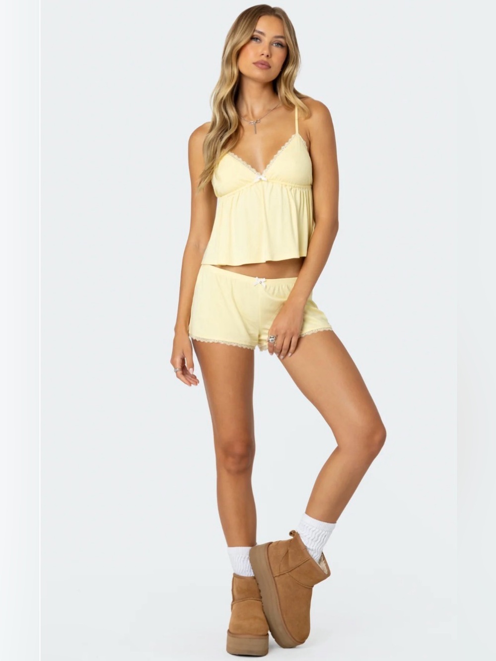 Edikted Pale Yellow Lace-Trim Cami & Shorts Sleep Set